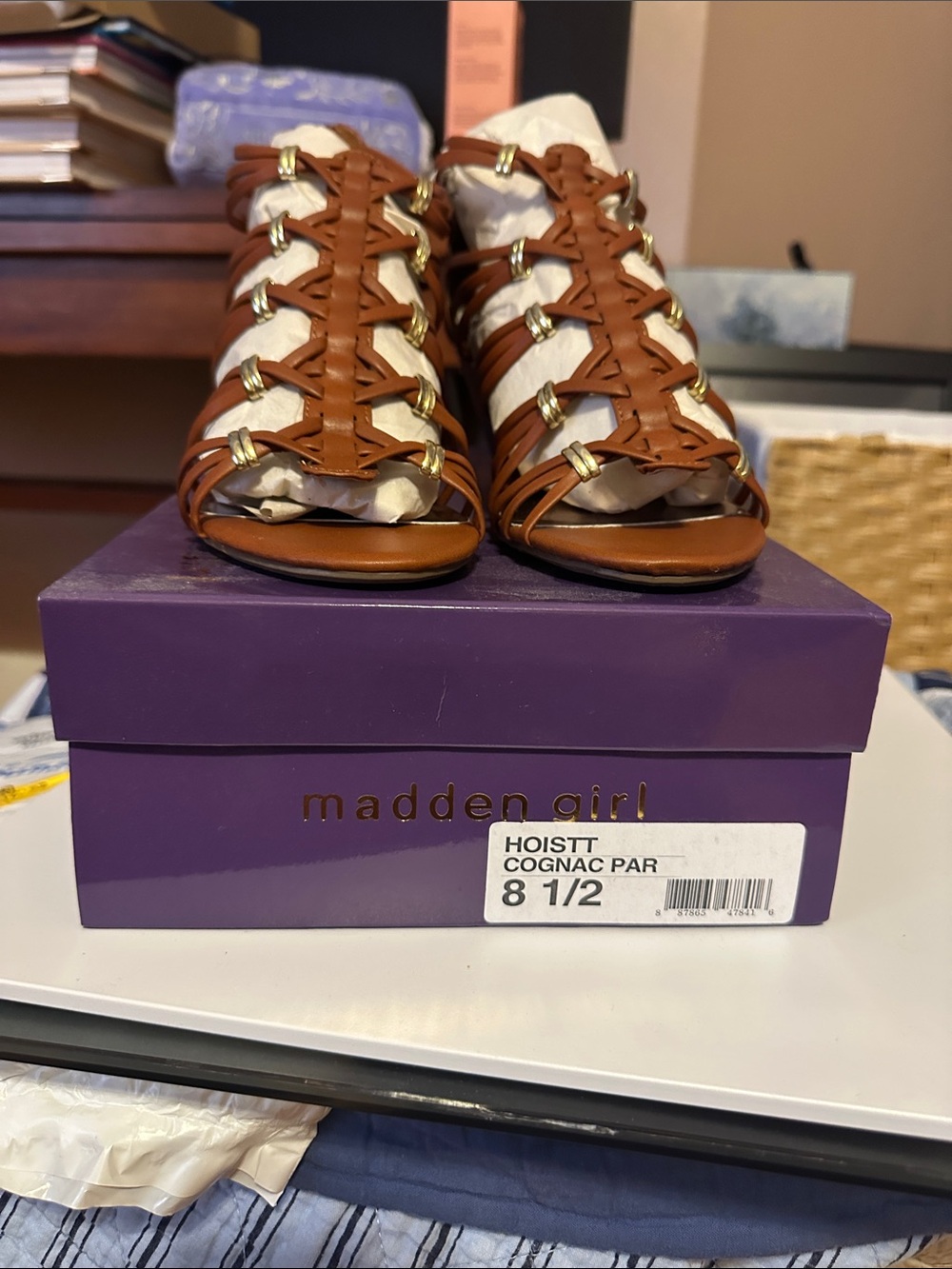 Madden Girl Cognac Strappy Gladiator Heels with Gold Hardware